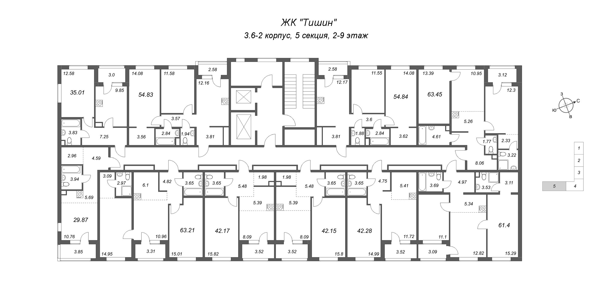 1-комнатная квартира, 35.01 м² в ЖК "Тишин" - планировка этажа