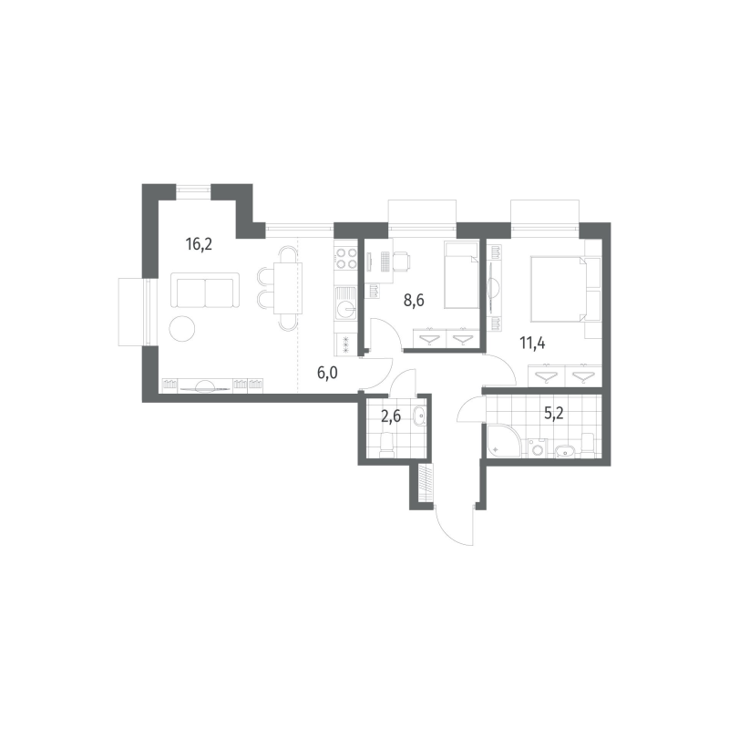 3-комнатная (Евро) квартира, 57.4 м² в ЖК "Парусная 1" - планировка, фото №1