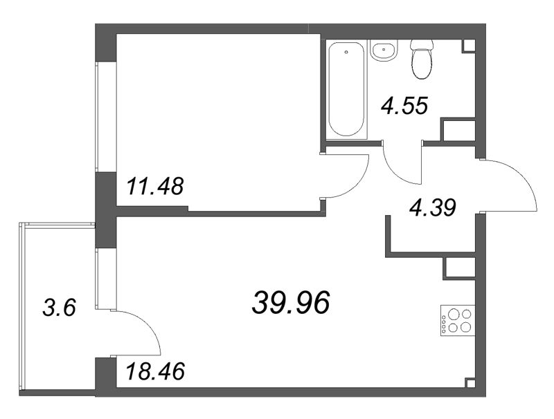 2-комнатная (Евро) квартира, 39.96 м² - планировка, фото №1