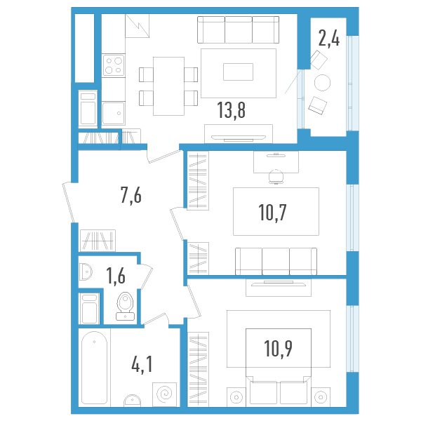 2-комнатная квартира, 49.9 м² - планировка, фото №1