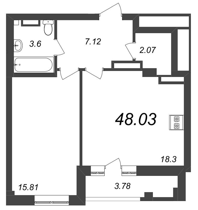 2-комнатная (Евро) квартира, 48.9 м² в ЖК "Neva Residence" - планировка, фото №1
