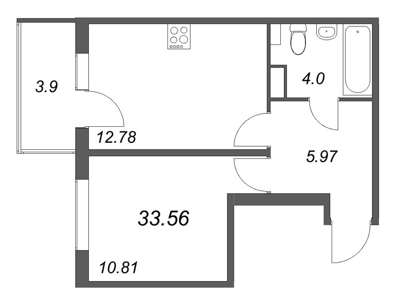 1-комнатная квартира, 33.56 м² в ЖК "Любоград" - планировка, фото №1