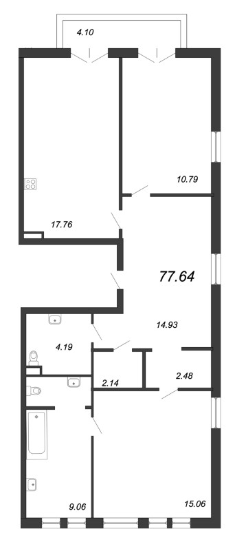 3-комнатная (Евро) квартира, 77.64 м² в ЖК "Ariosto" - планировка, фото №1