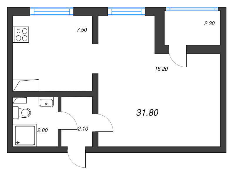 1-комнатная квартира, 31.8 м² в ЖК "Цветной город" - планировка, фото №1