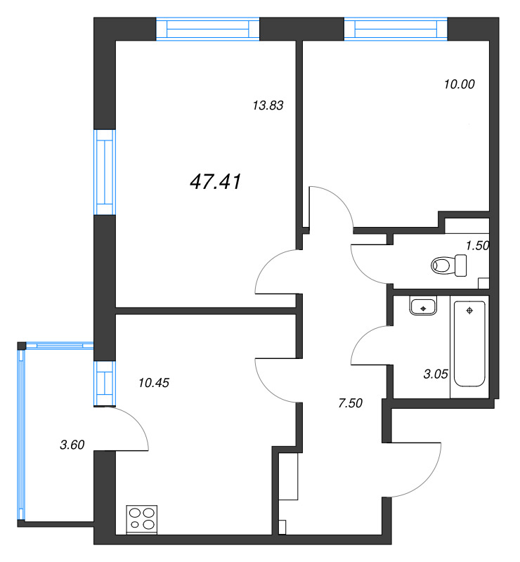 2-комнатная квартира, 47.41 м² в ЖК "Аквилон Янино" - планировка, фото №1