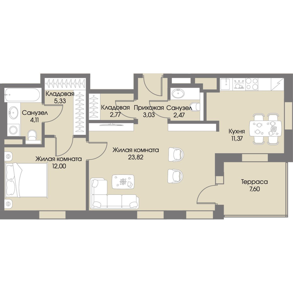 2-комнатная (Евро) квартира, 67.18 м² в ЖК "Рощино Residence" - планировка, фото №1