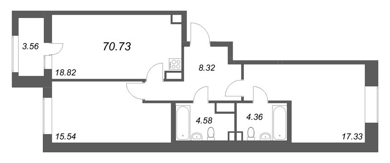 3-комнатная (Евро) квартира, 70.73 м² в ЖК "Аквилон Солар" - планировка, фото №1