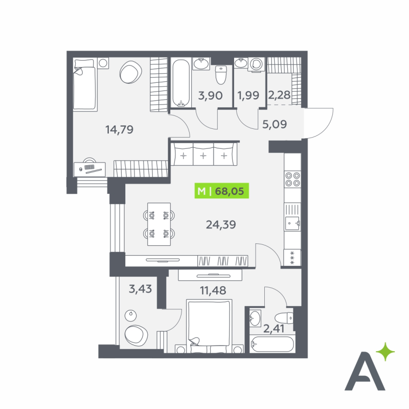 3-комнатная (Евро) квартира, 68.05 м² в ЖК "Аквилон Verba" - планировка, фото №1