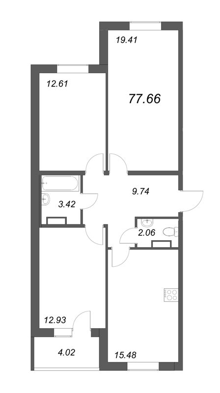 3-комнатная квартира, 75.65 м² в ЖК "Юттери" - планировка, фото №1