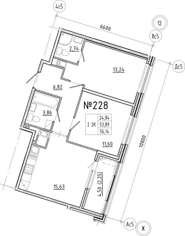 3-комнатная (Евро) квартира, 56.14 м² в ЖК "N8" - планировка, фото №1