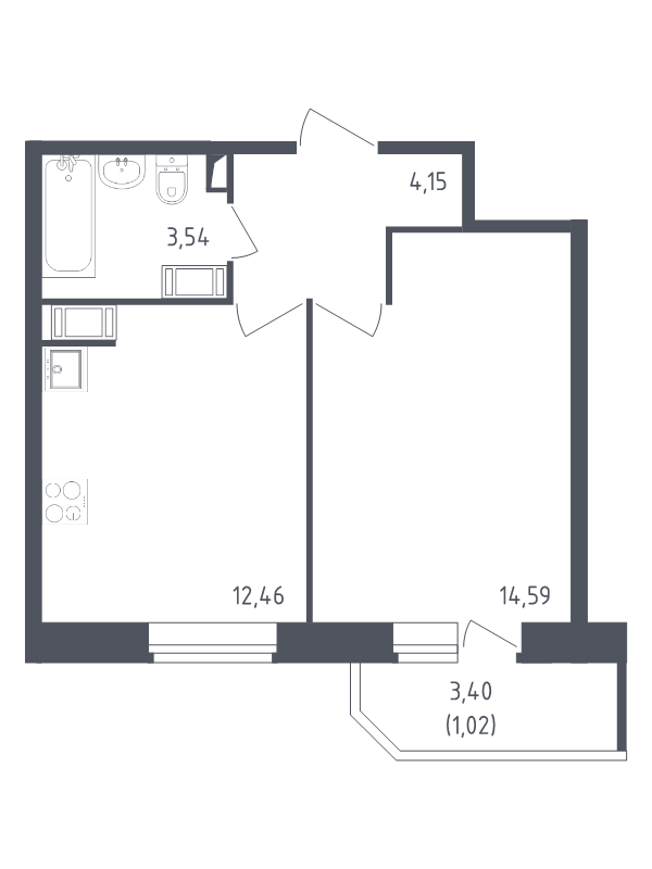 1-комнатная квартира, 35.76 м² - планировка, фото №1