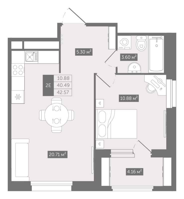 2-комнатная (Евро) квартира, 42.57 м² в ЖК "Квартал «Воронцовский»" - планировка, фото №1