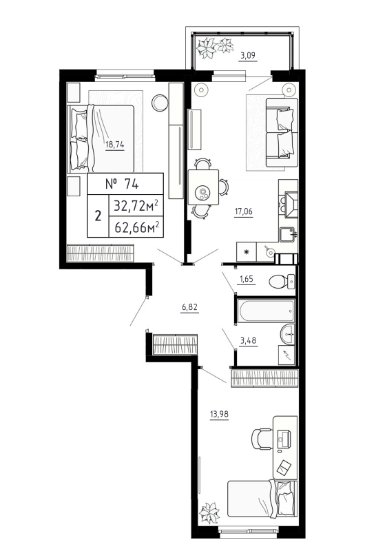 3-комнатная (Евро) квартира, 62.66 м² - планировка, фото №1