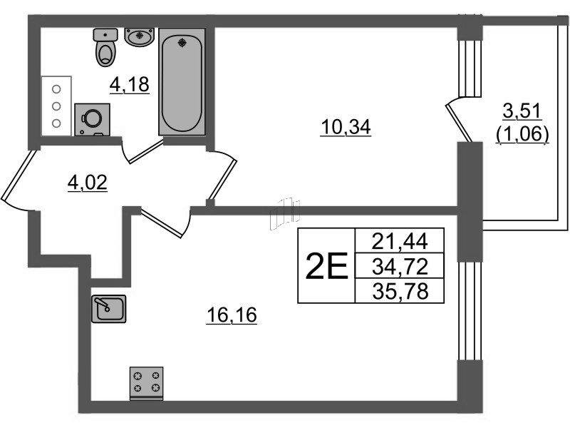 2-комнатная (Евро) квартира, 35.9 м² в ЖК "Аквилон Янино" - планировка, фото №1