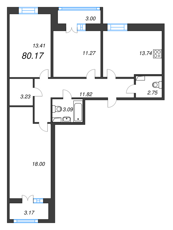 3-комнатная квартира, 80.17 м² в ЖК "Рождественский квартал" - планировка, фото №1