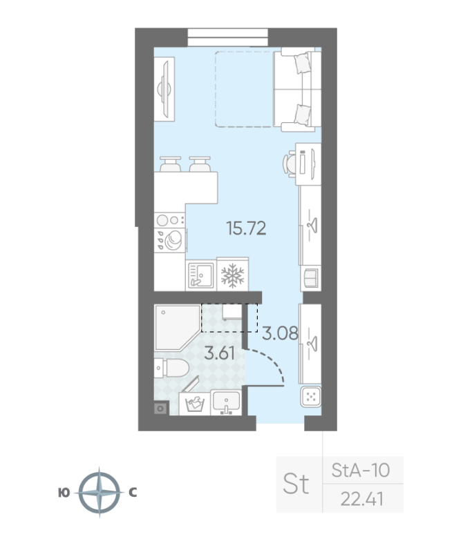 Квартира-студия, 22.41 м² в ЖК "Морская миля" - планировка, фото №1