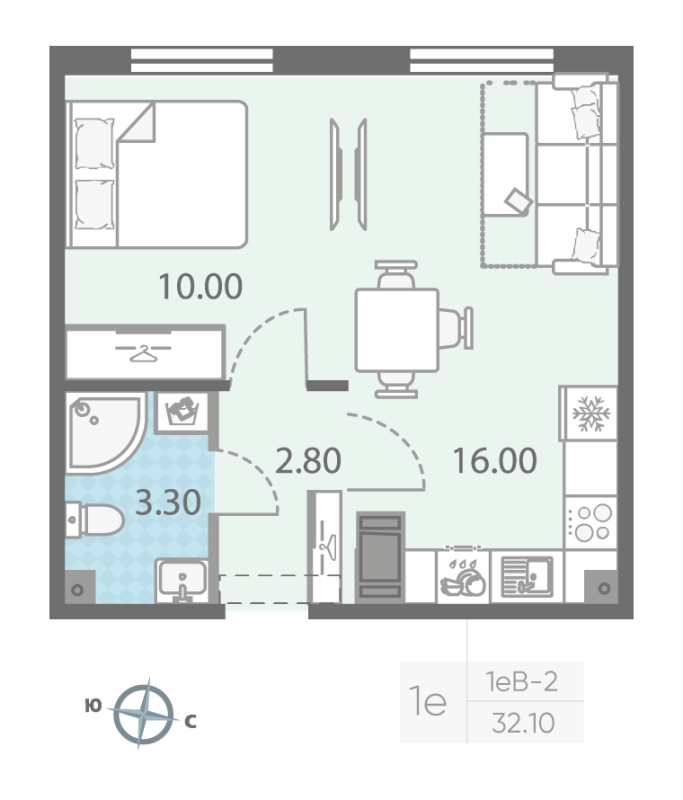 1-комнатная квартира, 32.1 м² - планировка, фото №1