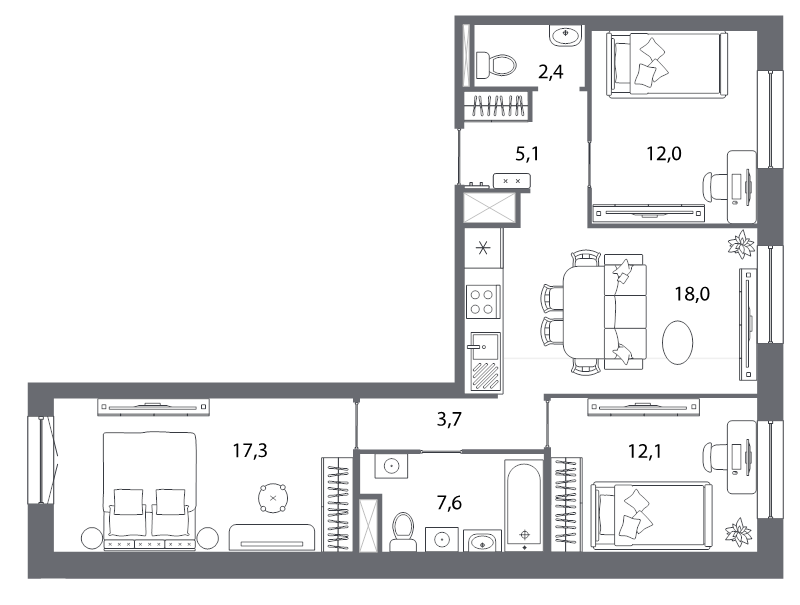 4-комнатная (Евро) квартира, 77.2 м² в ЖК "Северная корона" - планировка, фото №1