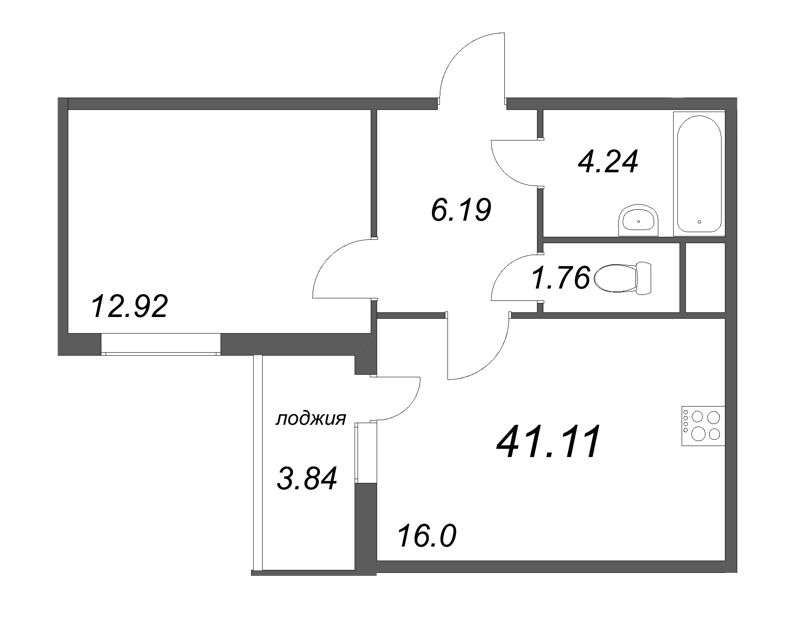 1-комнатная квартира, 41.11 м² - планировка, фото №1