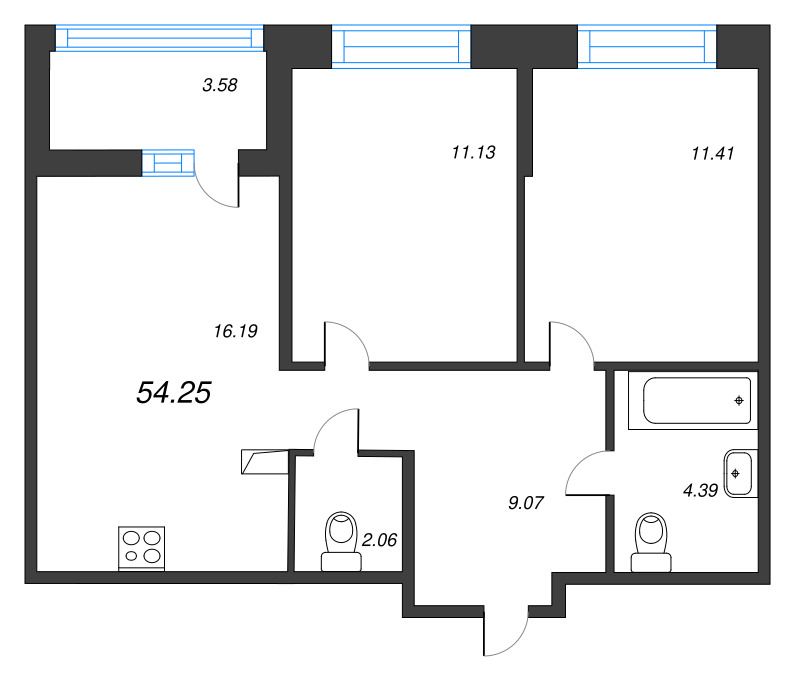 3-комнатная (Евро) квартира, 54.25 м² в ЖК "Ultra City 3.0" - планировка, фото №1