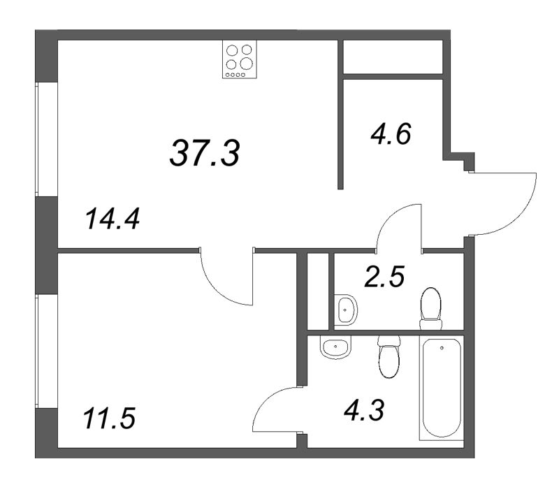 1-комнатная квартира, 37.3 м² в ЖК "Передвижники" - планировка, фото №1