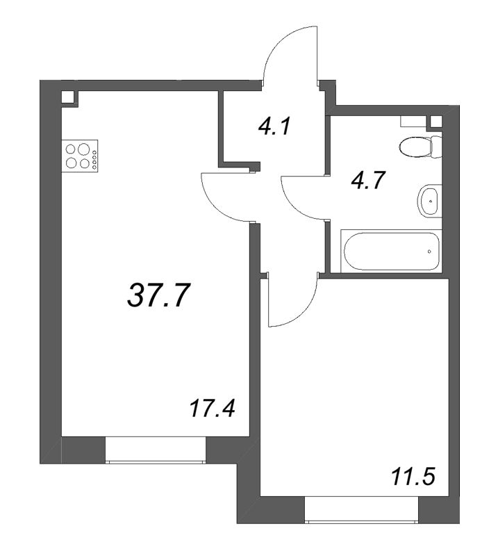 2-комнатная (Евро) квартира, 37.7 м² в ЖК "Пулково Lake" - планировка, фото №1
