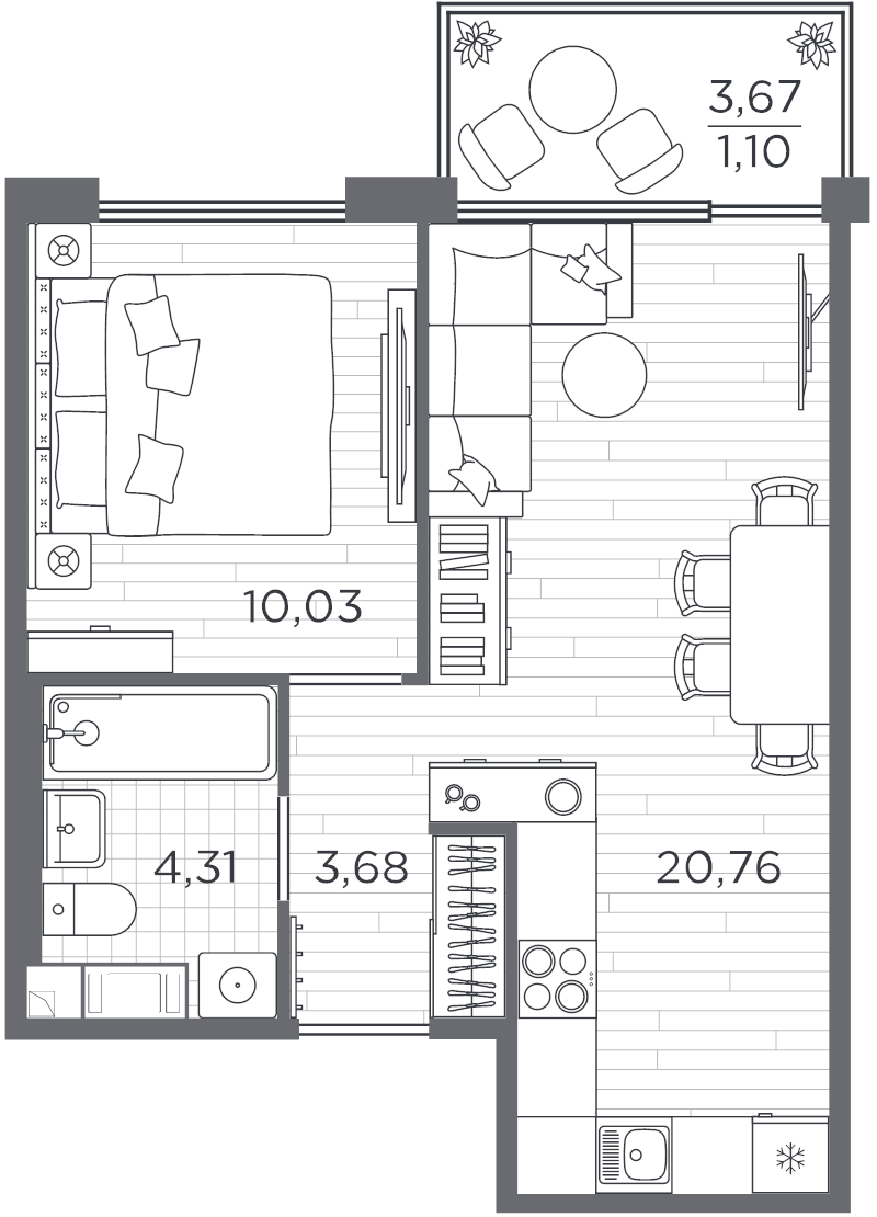 2-комнатная (Евро) квартира, 39.88 м² - планировка, фото №1