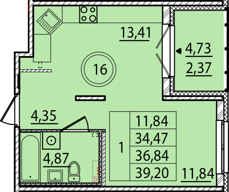 1-комнатная квартира, 34.47 м² - планировка, фото №1