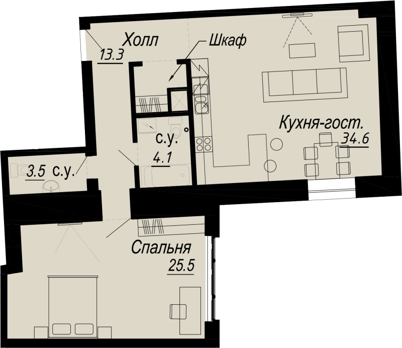 1-комнатная квартира, 80.5 м² - планировка, фото №1