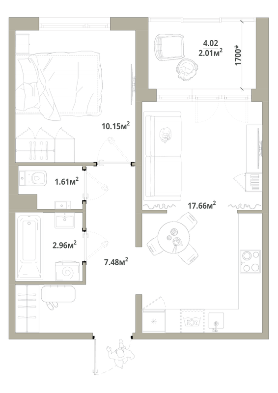 2-комнатная (Евро) квартира, 41.87 м² в ЖК "Тишин" - планировка, фото №1