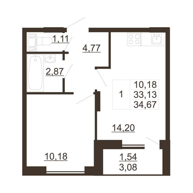 1-комнатная квартира, 34.67 м² - планировка, фото №1