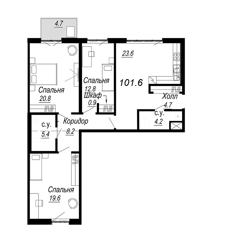 4-комнатная (Евро) квартира, 104.98 м² - планировка, фото №1