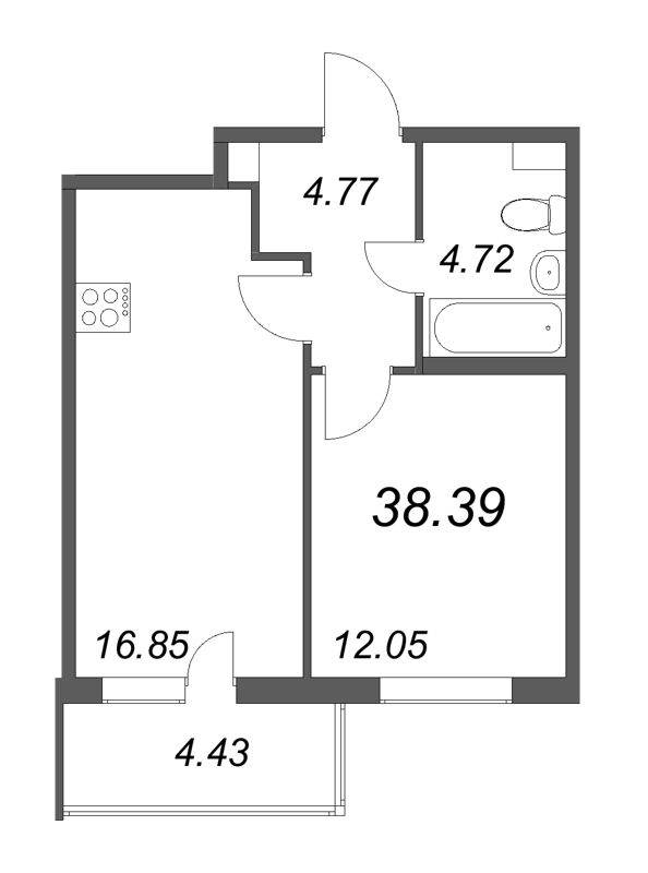 2-комнатная (Евро) квартира, 38.39 м² - планировка, фото №1