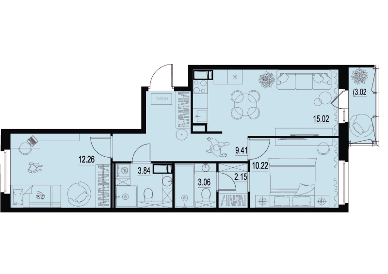 3-комнатная (Евро) квартира, 56.88 м² в ЖК "ID Murino III" - планировка, фото №1