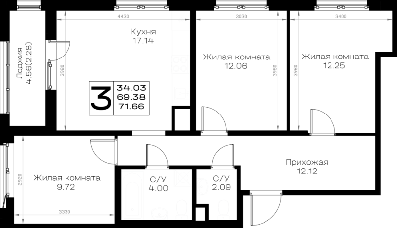 4-комнатная (Евро) квартира, 71.66 м² в ЖК "Борский" - планировка, фото №1