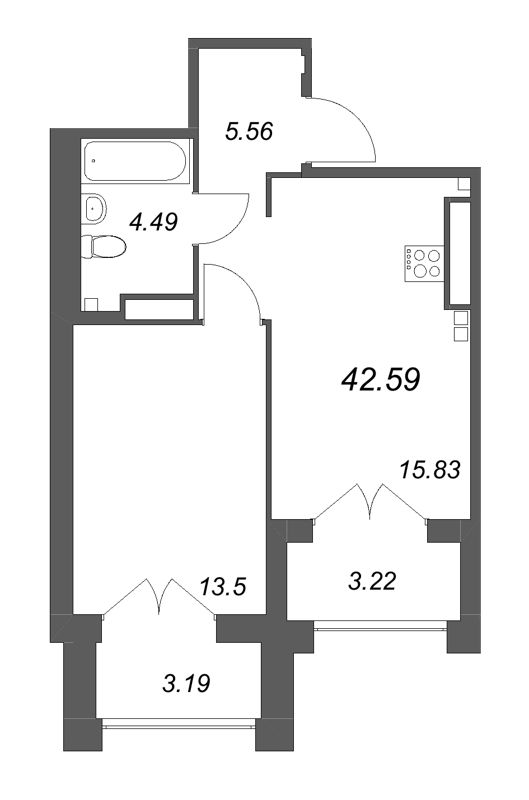 2-комнатная (Евро) квартира, 42.59 м² в ЖК "Ранта Резиденс" - планировка, фото №1