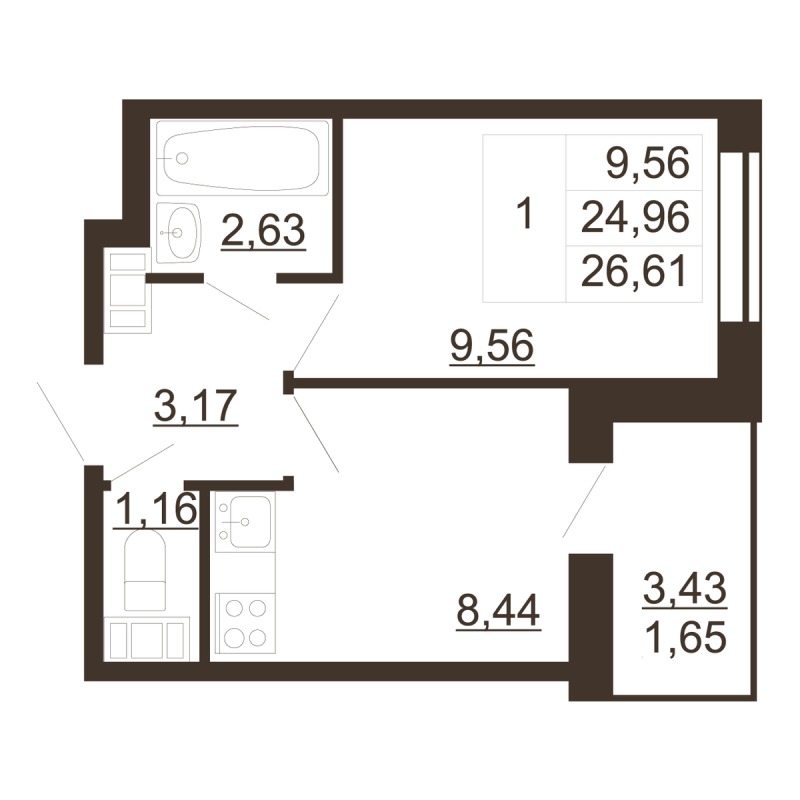 1-комнатная квартира, 26.61 м² - планировка, фото №1