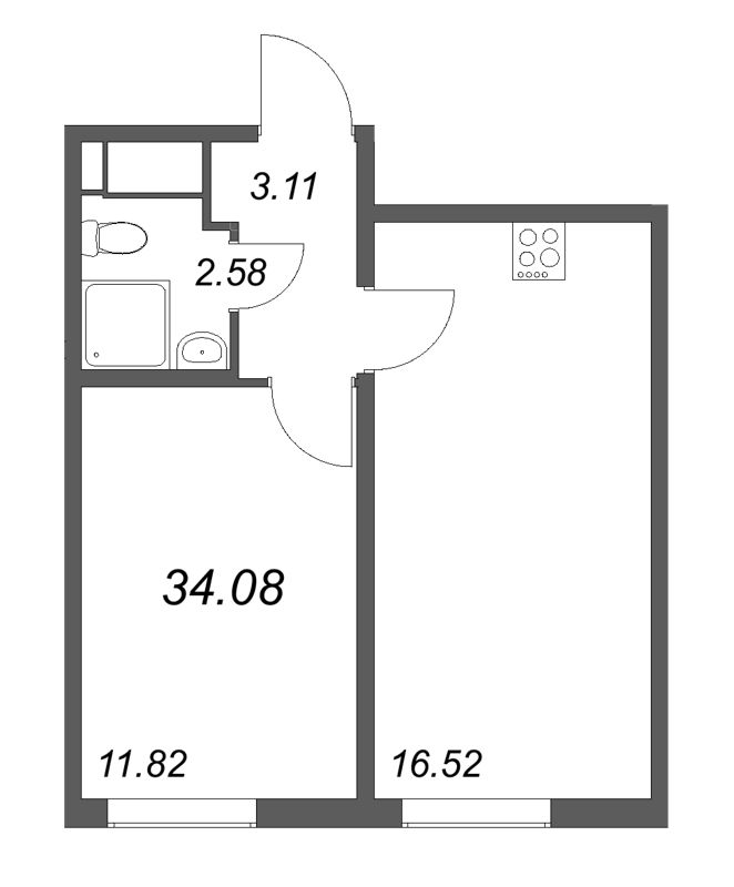 2-комнатная (Евро) квартира, 34.08 м² в ЖК "Морская миля" - планировка, фото №1