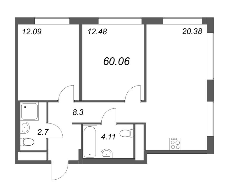 3-комнатная (Евро) квартира, 60.06 м² в ЖК "GloraX Василеостровский" - планировка, фото №1
