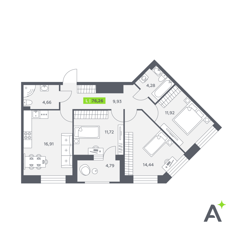 4-комнатная (Евро) квартира, 76.26 м² в ЖК "Аквилон РекаПарк" - планировка, фото №1