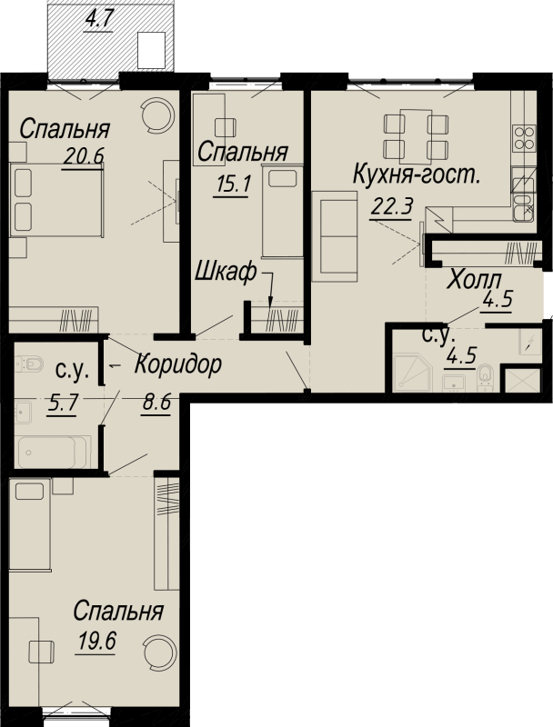 4-комнатная (Евро) квартира, 105.08 м² - планировка, фото №1