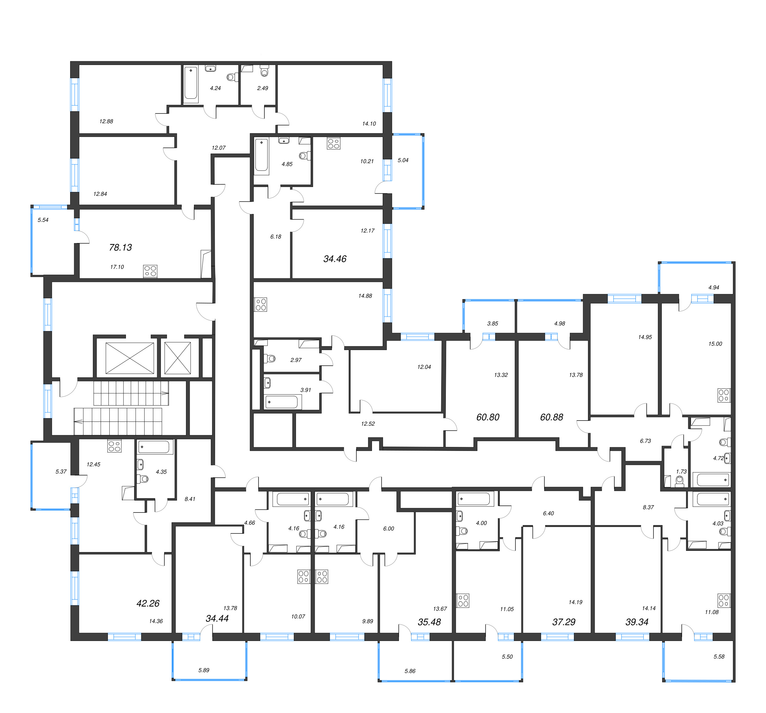 3-комнатная (Евро) квартира, 60.88 м² - планировка этажа
