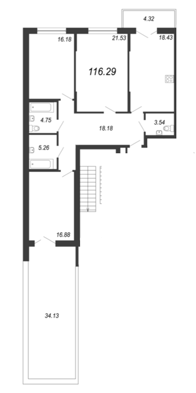 3-комнатная квартира, 116.6 м² - планировка, фото №1