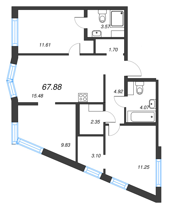 4-комнатная (Евро) квартира, 67.88 м² - планировка, фото №1