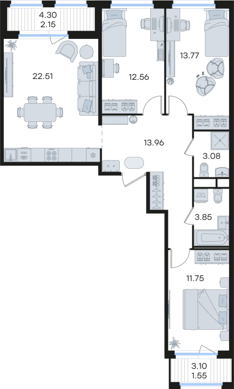 4-комнатная (Евро) квартира, 85.18 м² в ЖК "GloraX Парголово" - планировка, фото №1