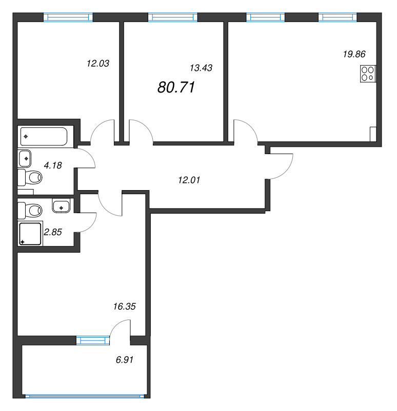 4-комнатная (Евро) квартира, 80.71 м² - планировка, фото №1