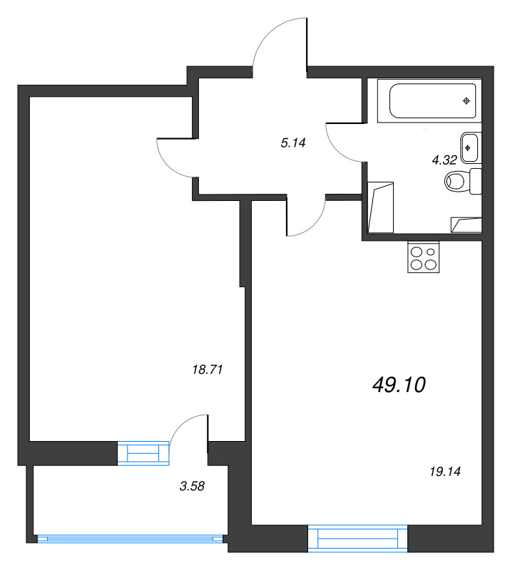 2-комнатная (Евро) квартира, 49.1 м² - планировка, фото №1