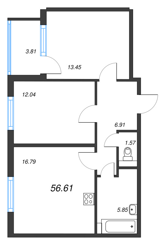 3-комнатная (Евро) квартира, 56.61 м² - планировка, фото №1