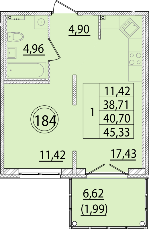 2-комнатная (Евро) квартира, 38.71 м² в ЖК "Образцовый квартал 15" - планировка, фото №1