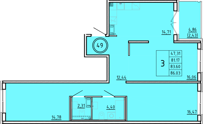 3-комнатная квартира, 81.17 м² - планировка, фото №1